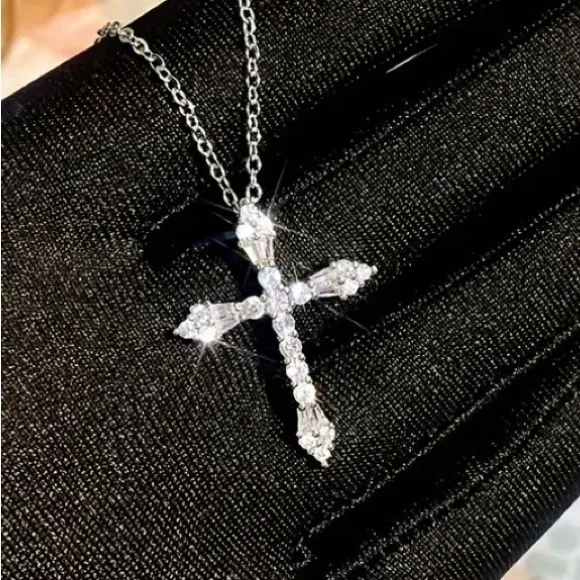 Solitaire & Baguette Diamond Cross Necklace - Picture 2 of 3